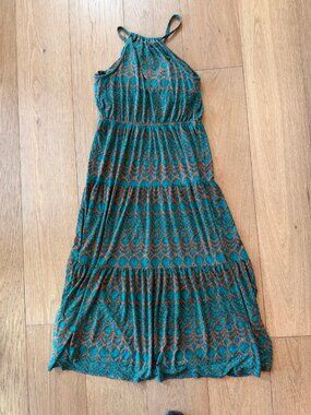 JJ Winks Built-In Bra Maxi Dress Teal Print Size S